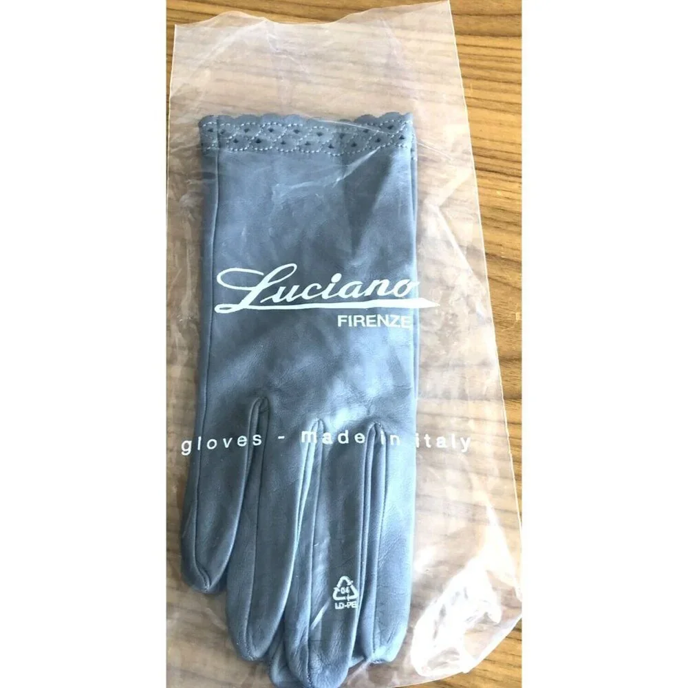 Luciano Firenze Gray Leather Gloves Etched Border Made in Italy Luxury Quality - Picture 2 of 9